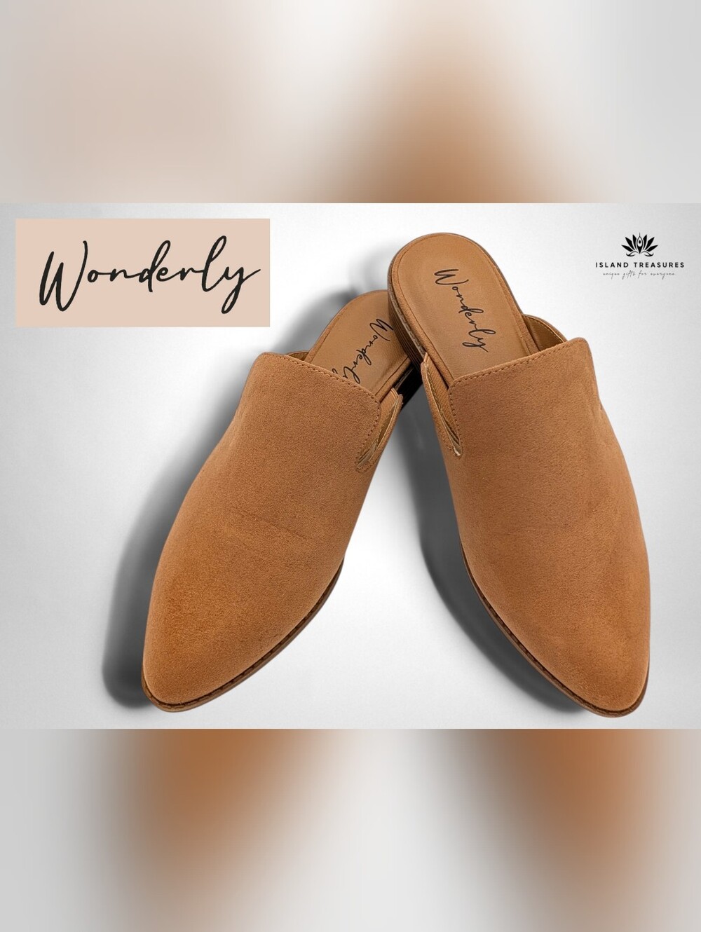 Wonderly Sz 7.5M Cher Mule Tan Suede-Look Pointed Toe Slip On Stacked Block Heel